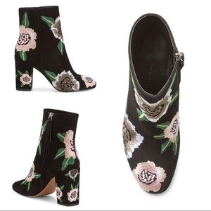 Rebecca Minkoff Black Suede Ankle Boots with Pink & Green Floral Embroidery